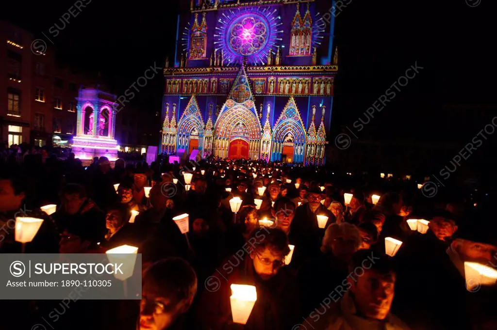 Light festival procession in Lyon, Rhone, France, Europe