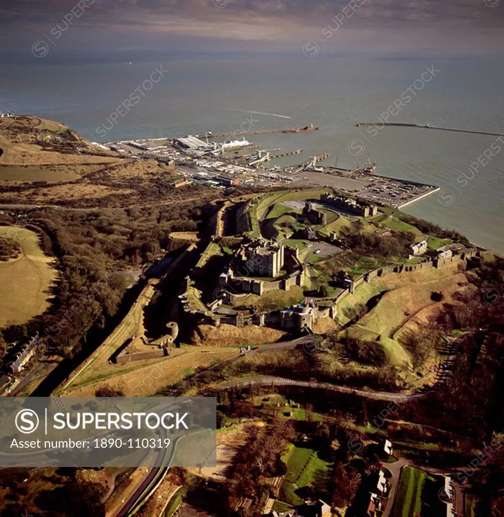 Aerial image of Dover Castle with Dover Harbour beyond, Kent, England, United Kingdom, Europe