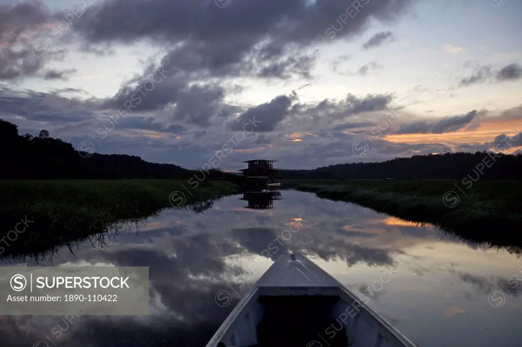 Boating and observing fauna and flora in the everglade area of Kaw, and floating lodge of the marsh in background, French Guiana, South America