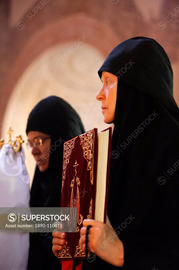 Nuns celebrating Mass in Mary Magdalene Russian Orthodox church on Mount of Olives, Jerusalem, Israel, Middle East