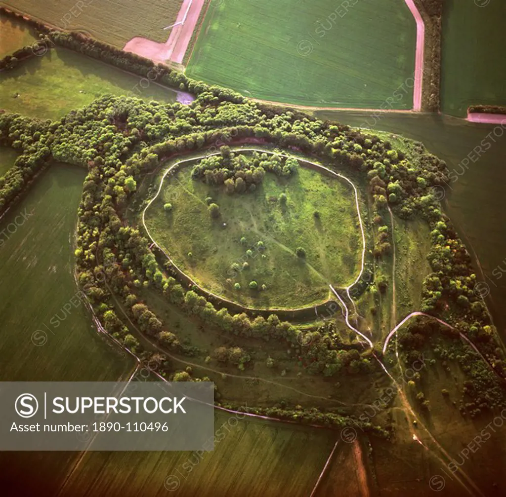 Aerial image of Danebury Ring, an Iron Age hill fort, Wiltshire, England, United Kingdom, Europe