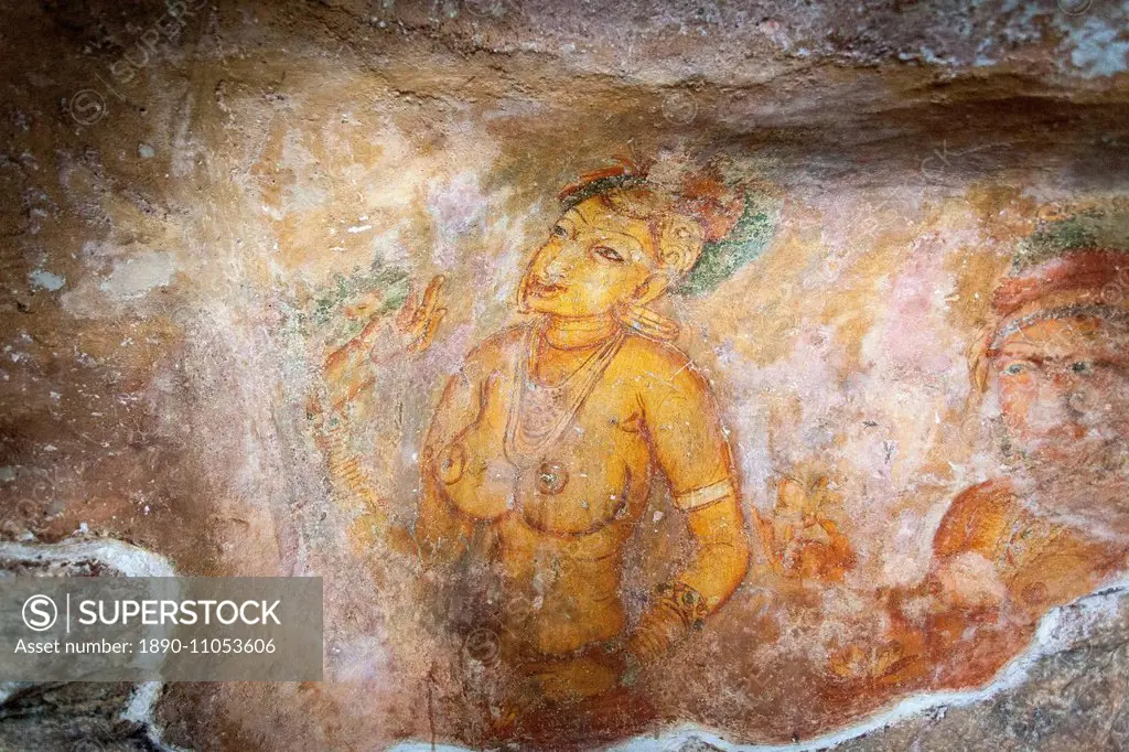 Sigiriya (Lion Rock) frescoes or ancient wall paintings, UNESCO World Heritage Site, Sri Lanka, Asia