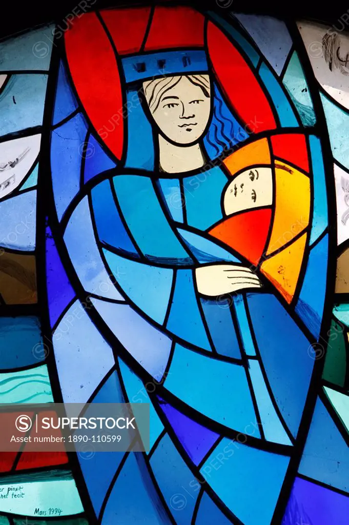 Stained glass depicting the Virgin and Child, Yvoire, Haute Savoie, France, Europe