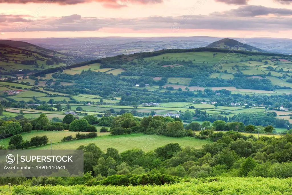 The Usk valley near Llangynidr at sunset, Brecon Beacons National Park, Powys, Wales, United Kingdom, Europe