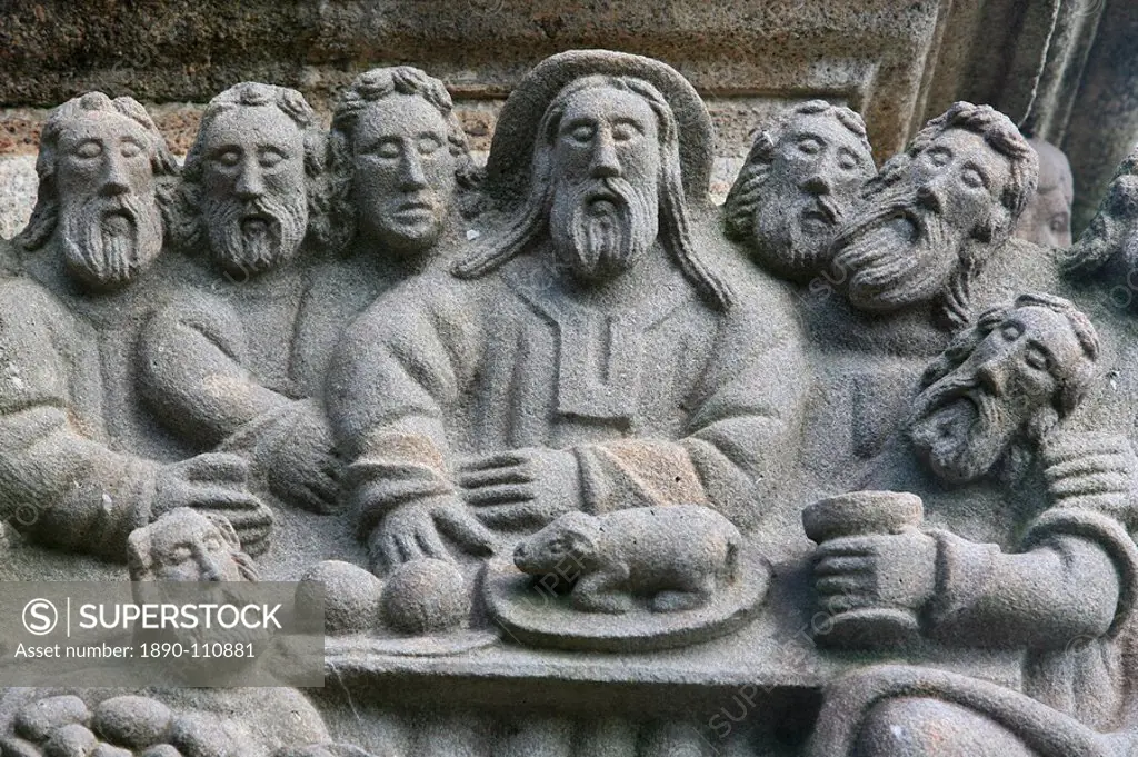 The Last Supper, a scene from the Life of Jesus on the Guimiliau calvary, Guimiliau, Finistere, Brittany, France, Europe