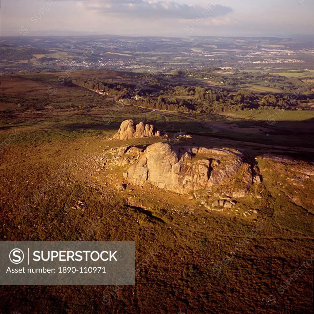 Aerial image of Haytor Hay Tor and Haytor Rocks, granite rock outcrop, Haytor Vale, Dartmoor, Devon, England, United Kingdom, Europe