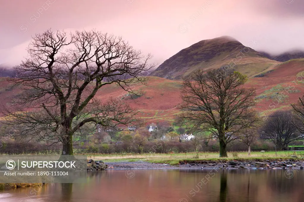 Buttermere village and Whiteless Pike at dawn in autumn, Lake District National Park, Cumbria, England, United Kingdom, Europe