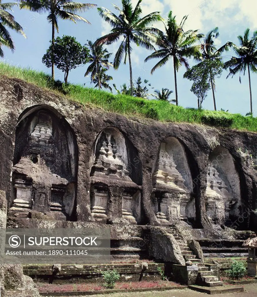 Funeral temples cut into rock at Gunung Kawi, a complex of royal monuments from 11th century, Bali, Indonesia, Southeast Asia, Asia