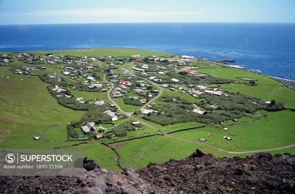 The settlement from the 1961 volcanic cone, with the ocean in the background, Edinburgh, Tristan da Cunha, Mid Atlantic