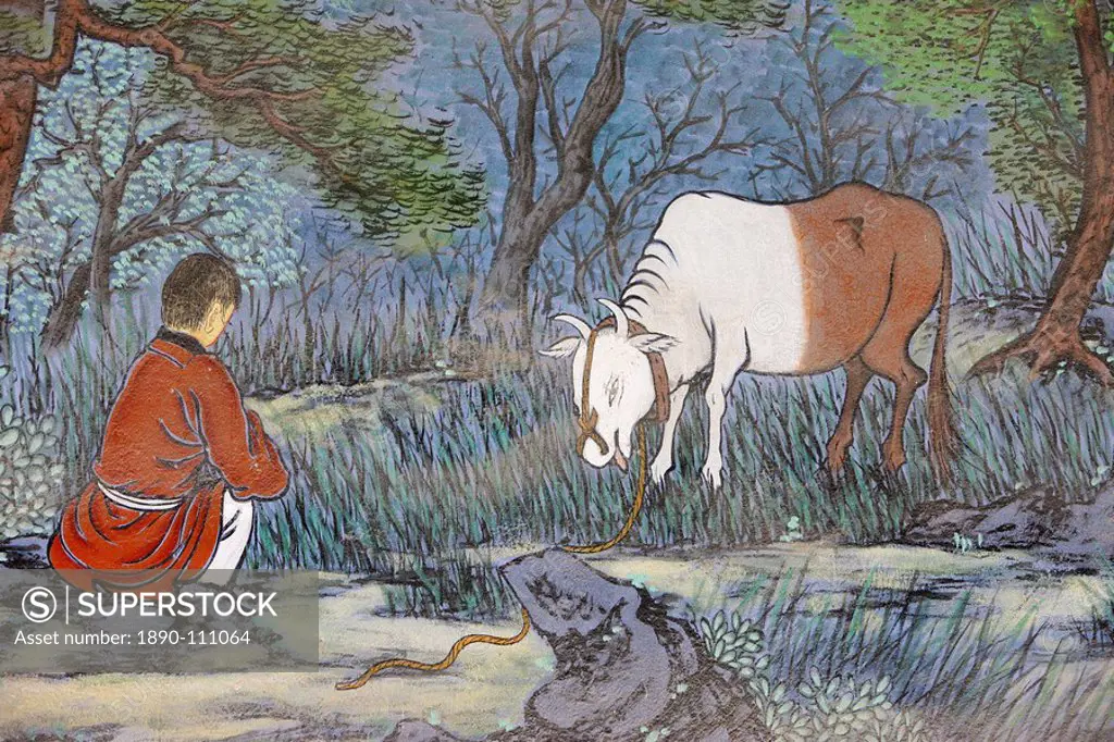 Painting of herding the Ox, from the ten Ox Herding Pictures of Zen Buddhism, representing the stages of enlightement, Seoul, South Korea, Asia