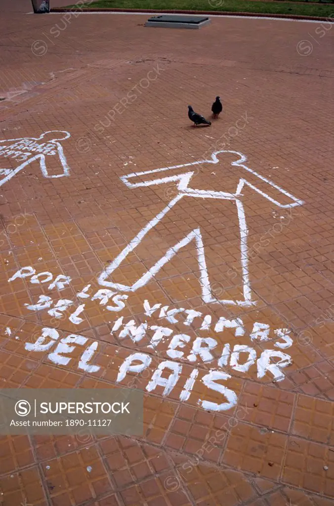Outline of figure on pavement, the symbol of the lost victims, in the Plaza de Mayo in Buenos Aires, Argentina, South America