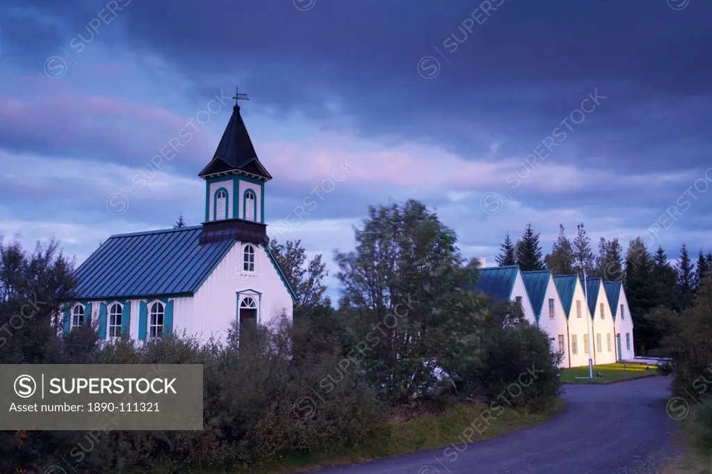 Thingvellir national church and Thingvallabaer, a five_gabled farmhouse, official summer residence of Iceland´s Prime Minister, Thingvellir National P...