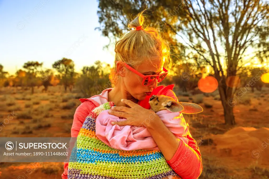 Tourist woman holding and kissing kangaroo joey at sunset light in Australian Outback, Red Center, Northern Territory, Australia, Pacific