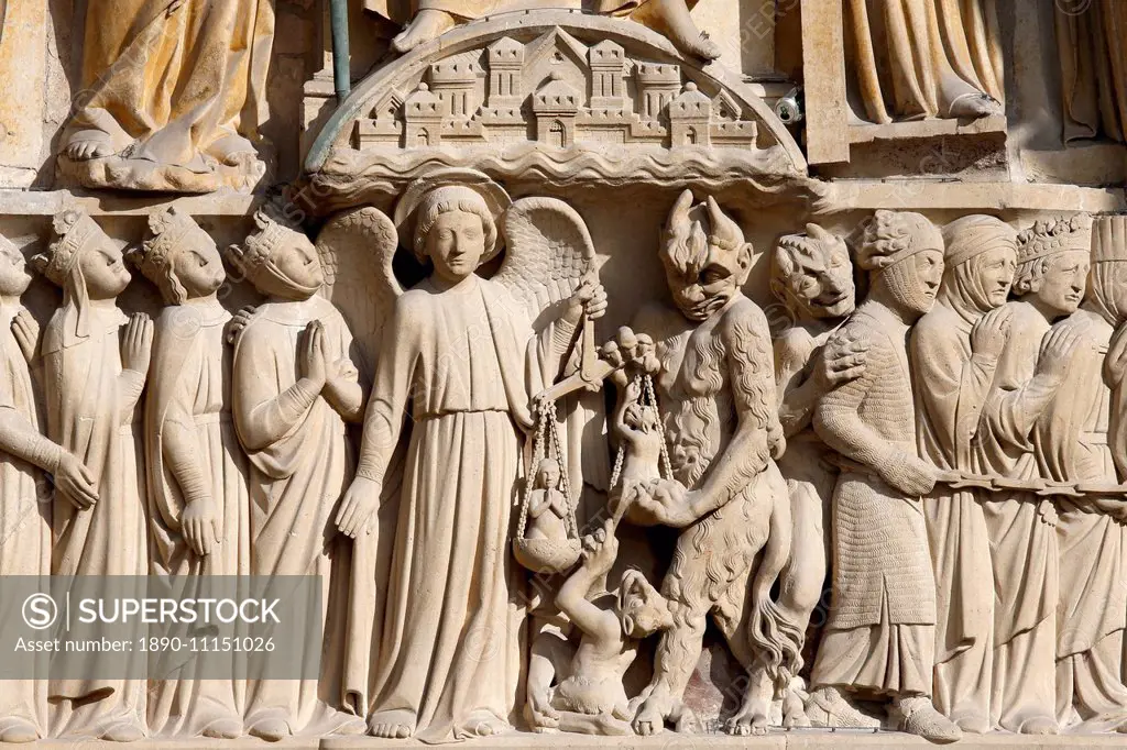 St. Michael weighing the souls, Portal of the Last Judgement, Western facade, Notre Dame de Paris Cathedral, Paris, France, Europe