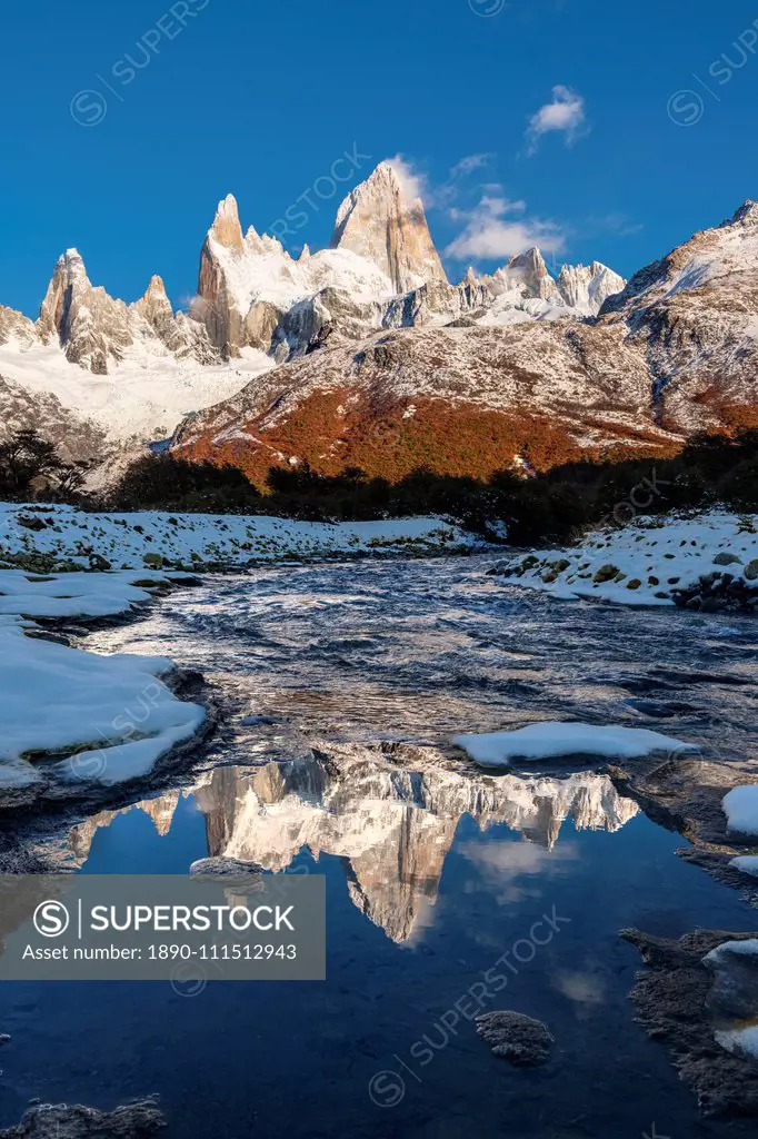 Mountain range with Cerro Fitz Roy reflected, Los Glaciares National Park, UNESCO World Heritage Site, El Chalten, Santa Cruz Province, Patagonia, Arg...