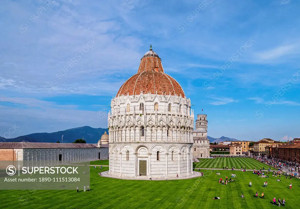 San Giovanni Baptistery, elevated view, Piazza dei Miracoli, UNESCO World Heritage Site, Pisa, Tuscany, Italy, Europe