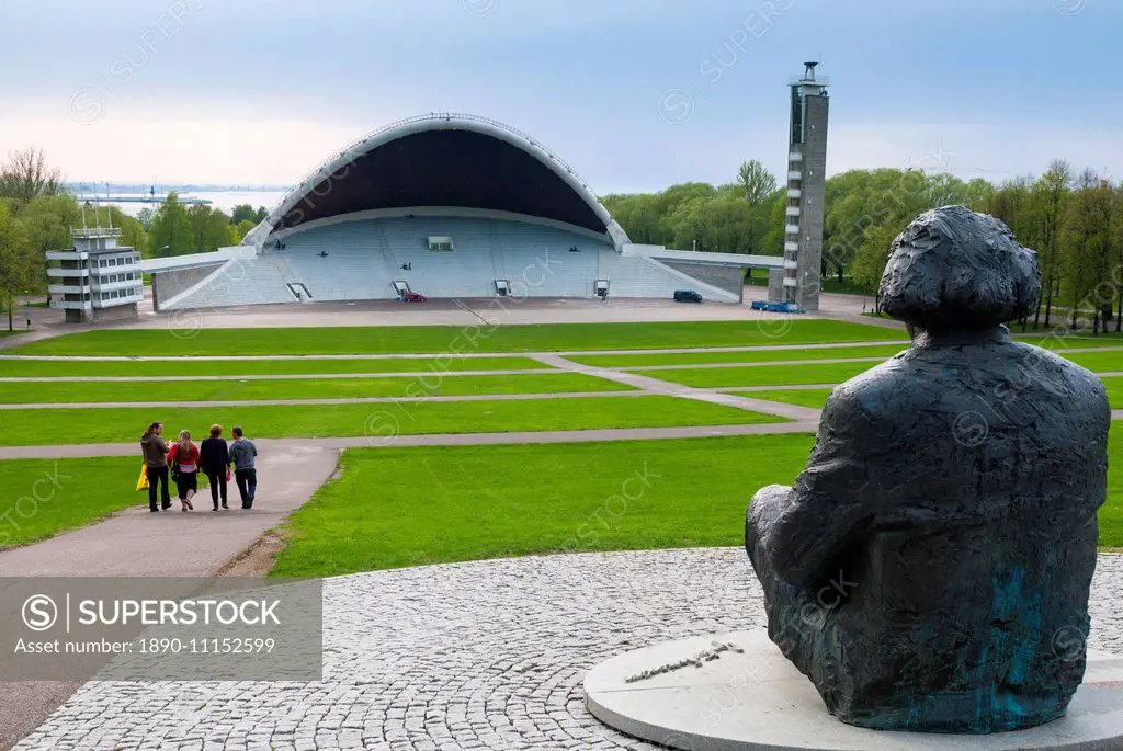 Stadium at Song Festival Grounds and statue of Gustav Ernesaks, Tallinn, Estonia, Baltic States, Europe