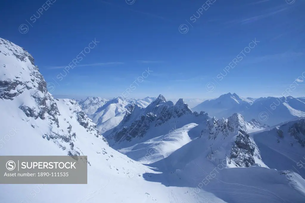 View from summit of Valluga in St. Anton am Arlberg in winter snow, Austrian Alps, Austria, Europe