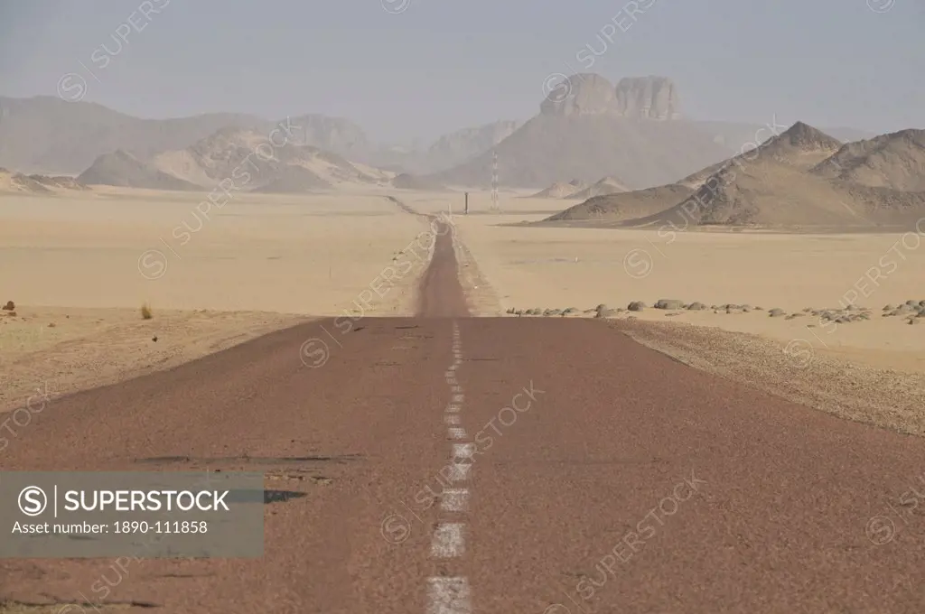 Long straight road in the Sahara Desert, Algeria, North Africa, Africa