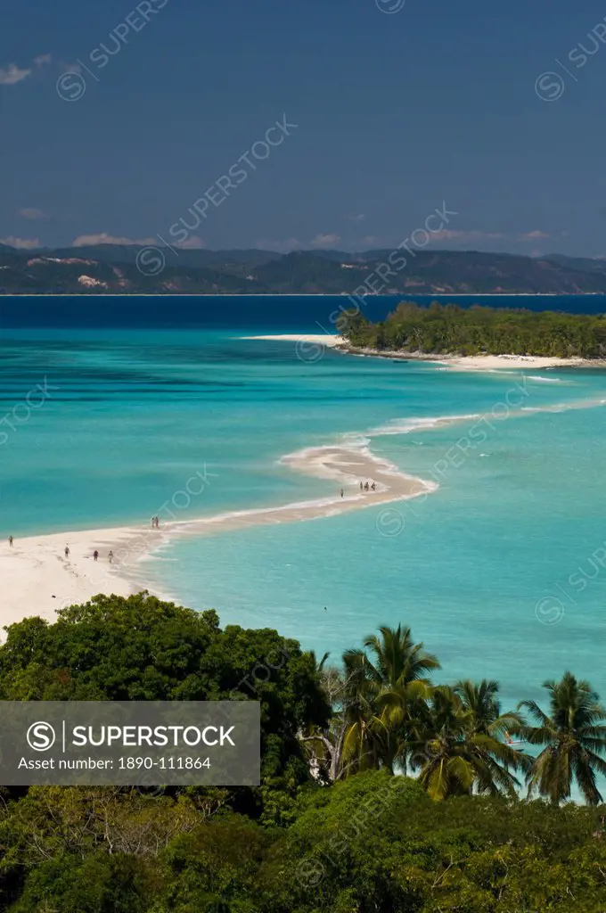 View above a sand bank linking the two little islands of Nosy Iranja near Nosy Be, Madagascar, Indian Ocean, Africa