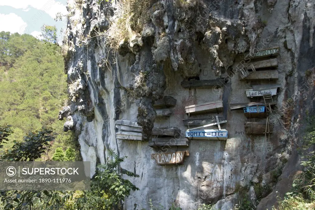 Animist hanging coffins still in use today, on limestone cliff in Echo Valley, Sagada, Cordillera, Luzon, Philippines, Southeast Asia, Asia
