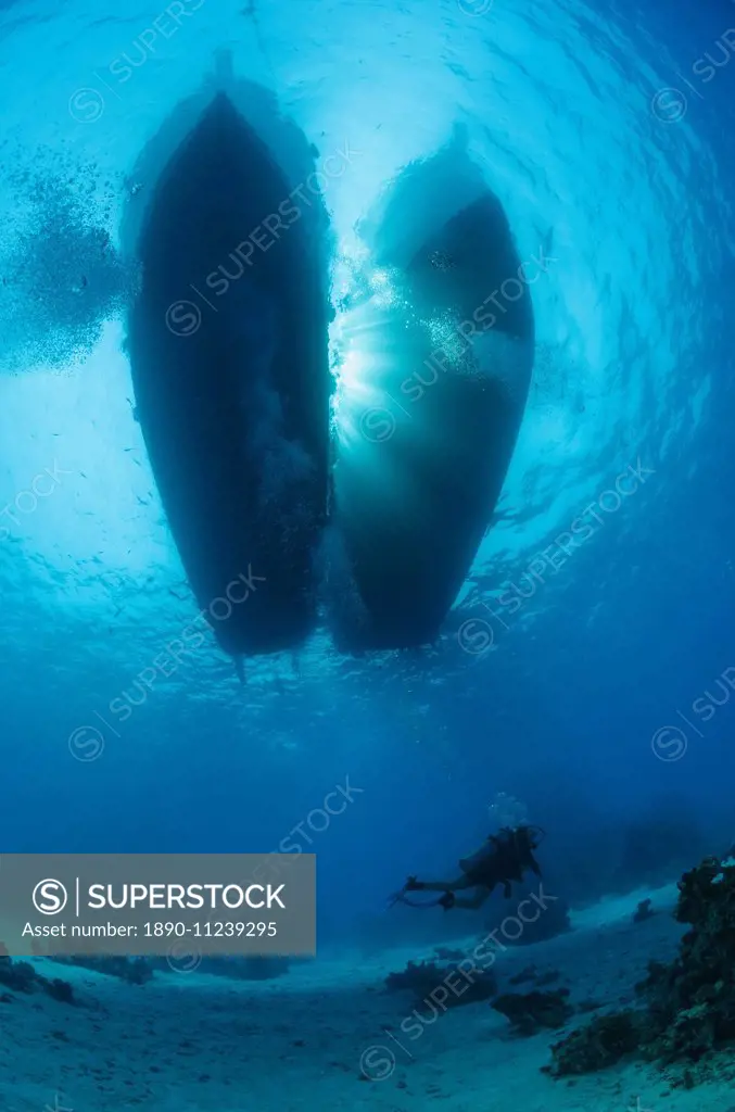 Silhouette of moored dive boats with scuba diver swimming underneath, underwater view, Red Sea, Egypt, North Africa, Africa