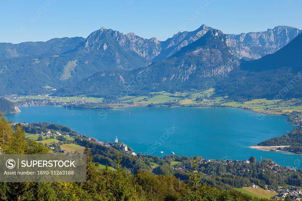 Elevated view over St. Wolfgang, Wolfgangsee lake, Flachgau, Salzburg, Upper Austria, Austria, Europe
