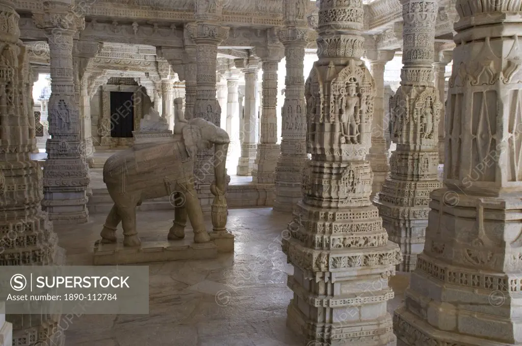 The intricately carved marble interior of the main Jain temple at Ranakpur, Rajasthan, India, Asia