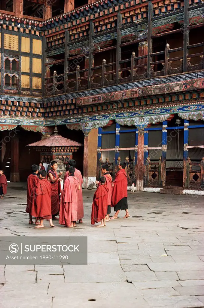 Novice monks in Rimpong Dzong monastery, Paro, Bhutan, Asia
