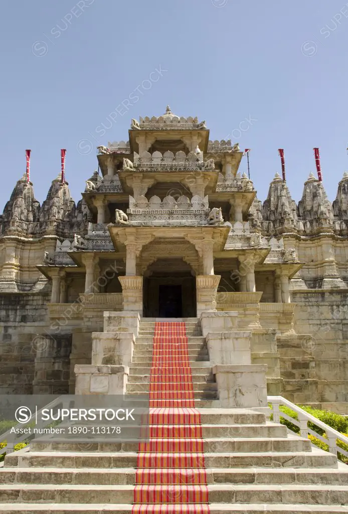 The entrance to the main carved marble Jain temple at Ranakpur, Rajasthan, India, Asia