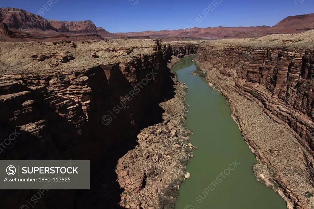 The Colorado River winds through the sheer cliffs of Marble Canyon, south of the Grand Canyon, Arizona, United States of America, North America