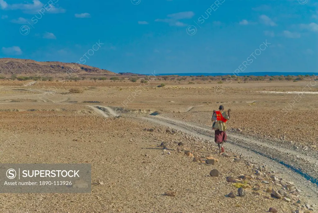 Afar tribesman on his way home, near Lac Abbe, Republic of Djibouti, Africa