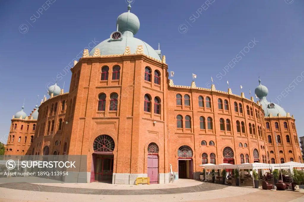 The red brick exterior of the Campo Pequeno bullring in central Lisbon, Portugal, Europe