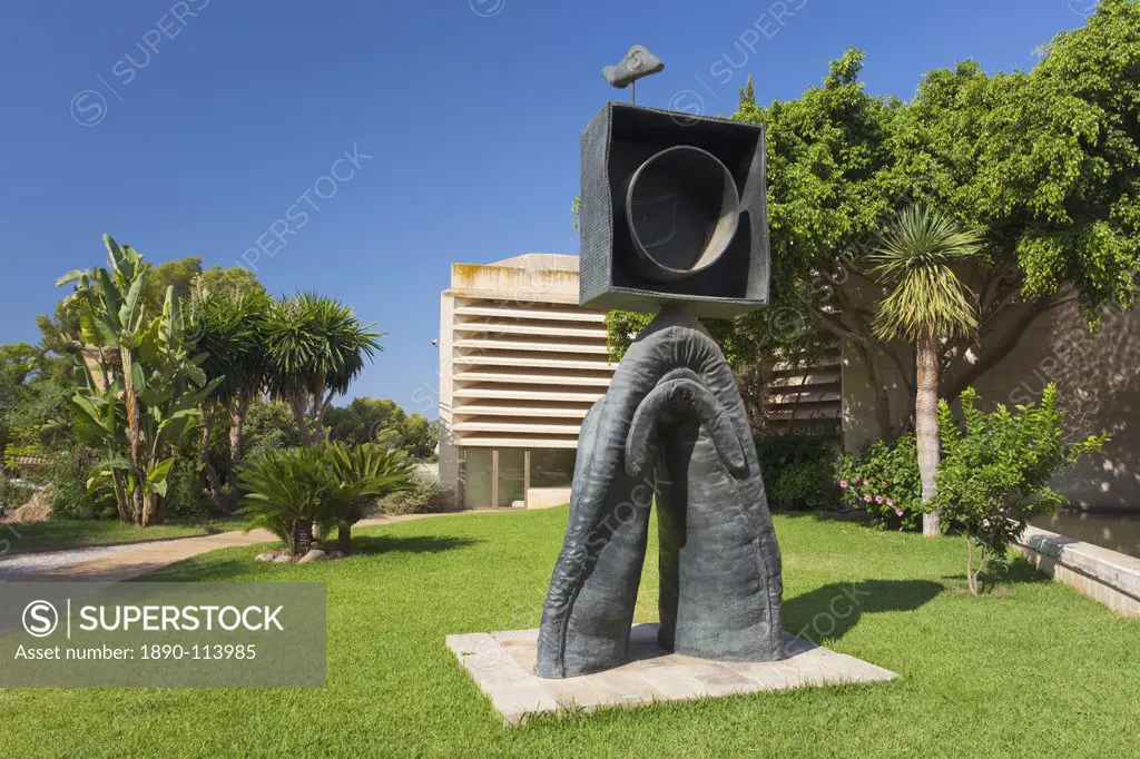 Personnage Gothique, Oiseau Eclair sculpture dated 1976 in Garden at Fundacio Pilar I Joan Miro, Cala Major, Majorca, Balearic Islands,Spain, Mediterr...