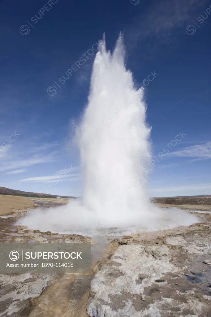Plume of water and steam from the Strokkur Geysir exploding into the air at Geysir near Reykjavik, Iceland, Polar Regions