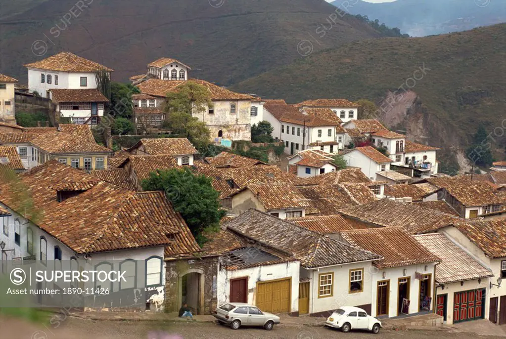 Houses with tiled roofs in the town of Ouro Preto in Brazil, South America