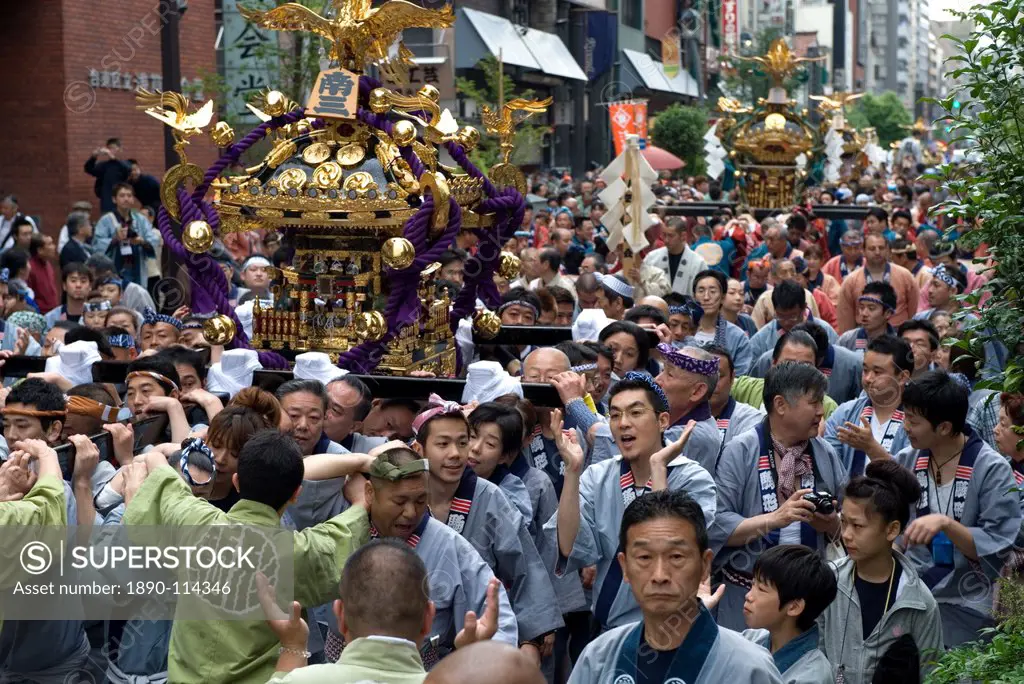 A mikoshi portable shrine being carried through the streets during the Sanja Festival in Asakusa, Tokyo, Japan, Asia