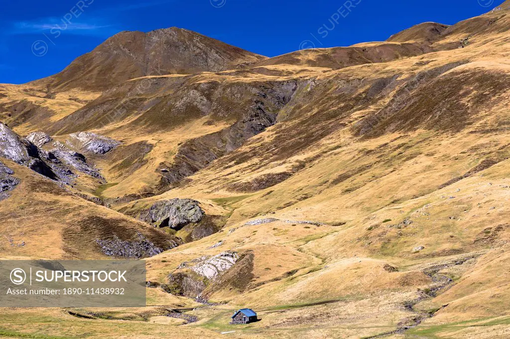 Farm hut near Laruns in French Pyrenees mountains, Pyrenees-Atlantiques in Aquitaine region, France, Europe