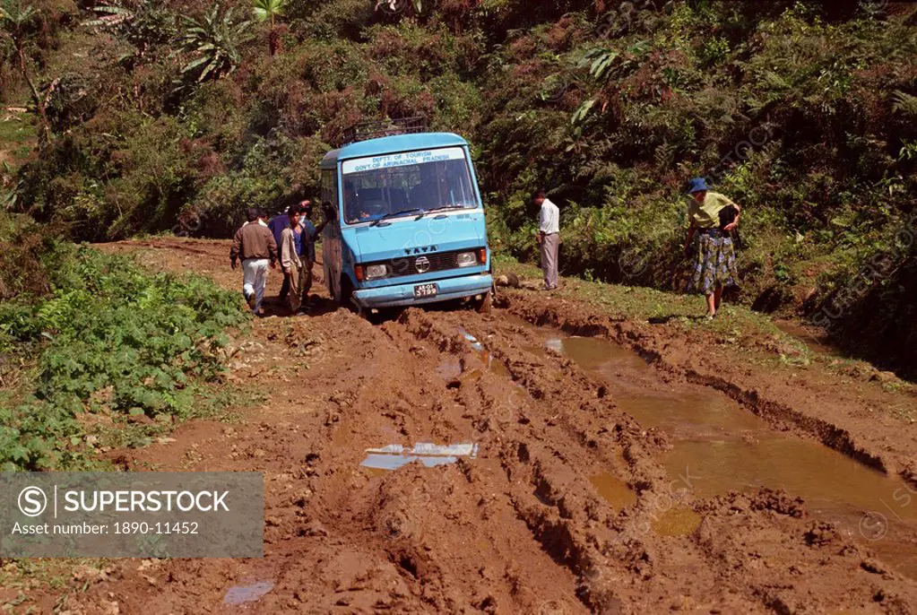Tourist bus stuck in the mud, Arunachal Pradesh, India, Asia