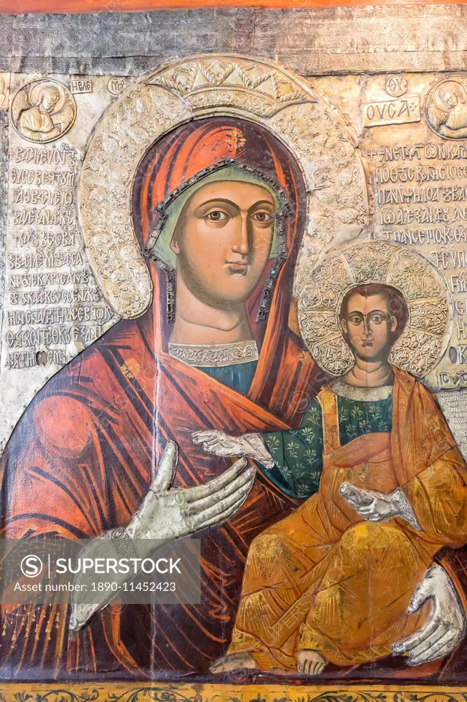 Icon of the Holy Virgin Eleusa dated 1342, Archaeological Museum, Nesebar (Nessebar), UNESCO World Heritage Site, Bulgaria, Europe