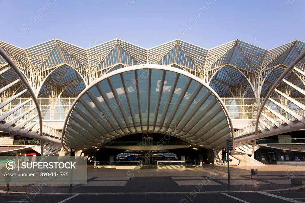 The facade of the Oriente railway station, built for the Expo 98, in Lisbon, Portugal, Europe