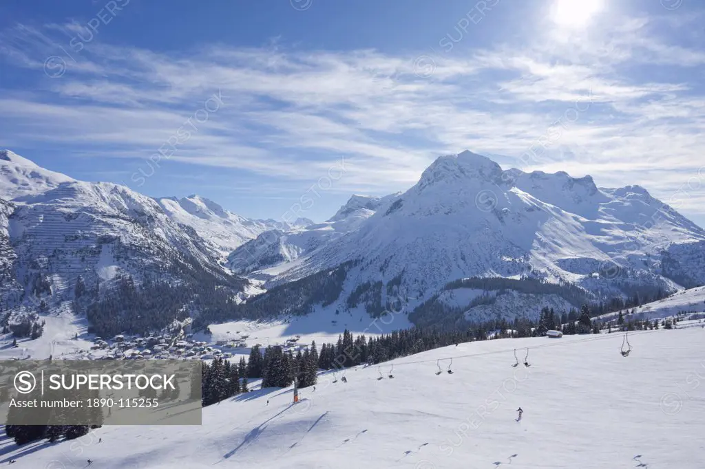 Ski slopes above Lech near St. Anton am Arlberg in winter snow, Austrian Alps, Austria, Europe