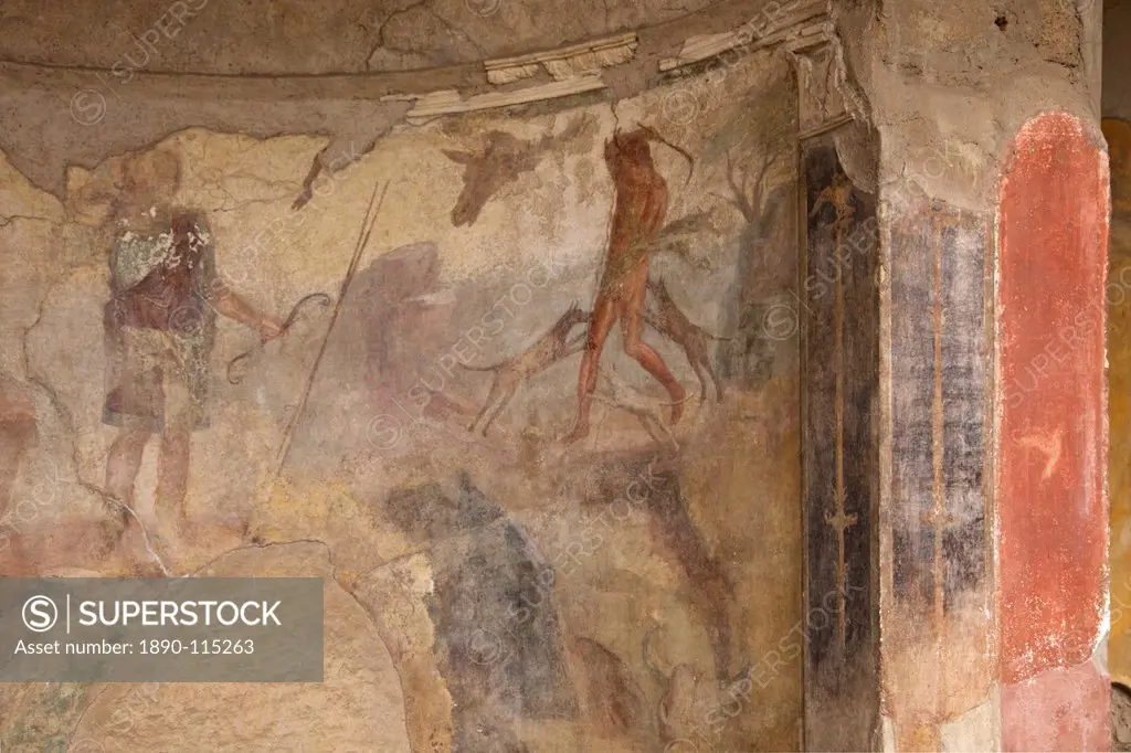 Fresco of hunting scene in House of the Menander, Pompeii, UNESCO World Heritage Site, Campania, Italy, Europe