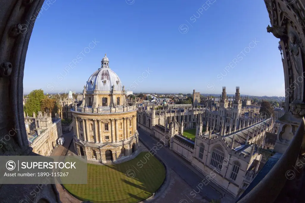 Rooftop view of Radcliffe Camera and All Souls College from University Church of St. Mary the Virgin, Oxford, Oxfordshire, England, United Kingdom, Eu...