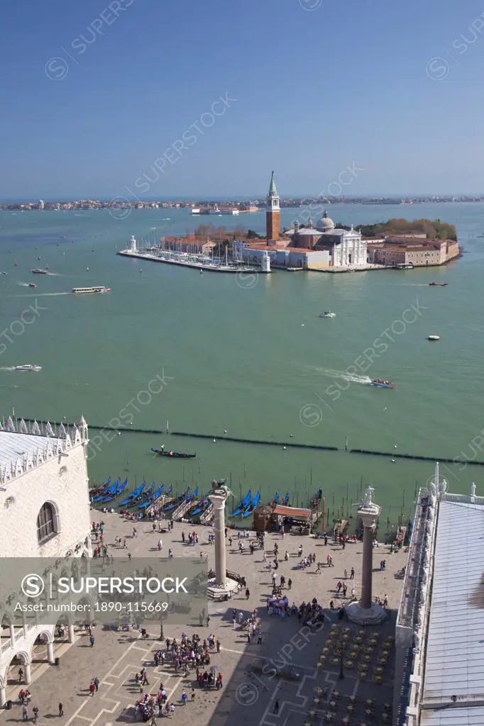 View of Isole San Giorgio Maggiore from top of St. Marks Belltower Campanile San Marco, with the Doge´s Palace and Piazzetta in foreground, Venice, UN...