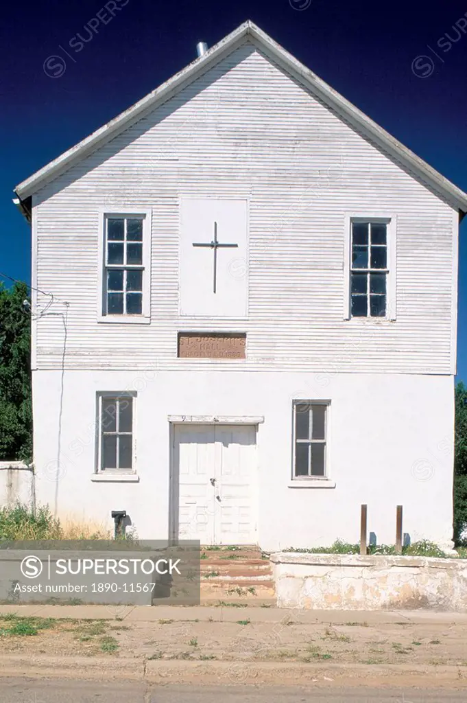 Wooden facade on a stone building, church hall dating from 1886 and still in use, Las Vegas, New Mexico, United States of America, North America