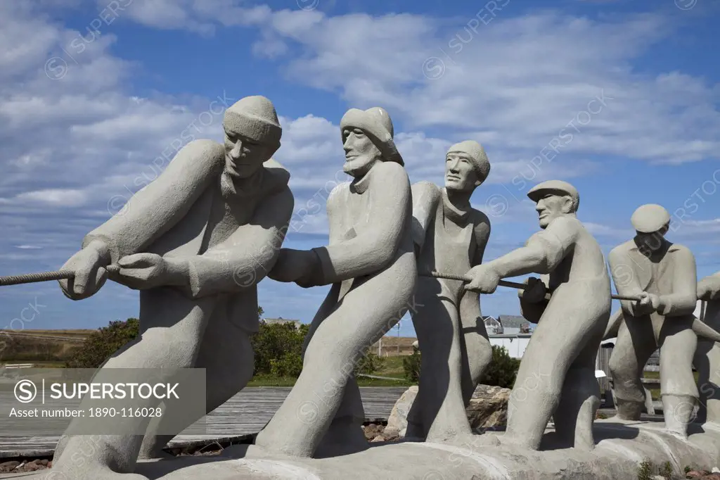 Sculpture of fishermen on island in the Gulf of St. Lawrence, Iles de la Madeleine Magdalen Islands, Quebec, Canada, North America