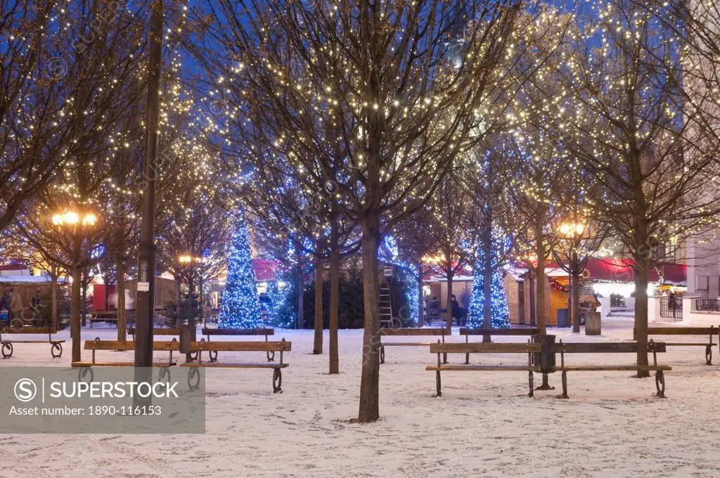 Christmas decoration at Old Town Square´s park at twilight, Stare Mesto, Prague, Czech Republic, Europe