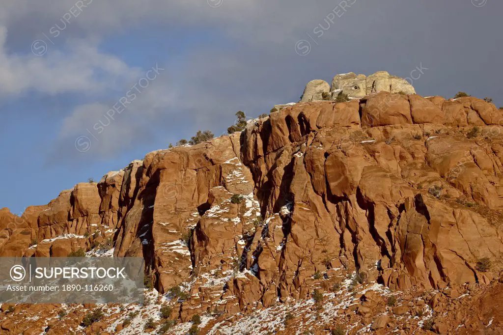Red rock cliff with snow, Carson National Forest, New Mexico, United States of America, North America