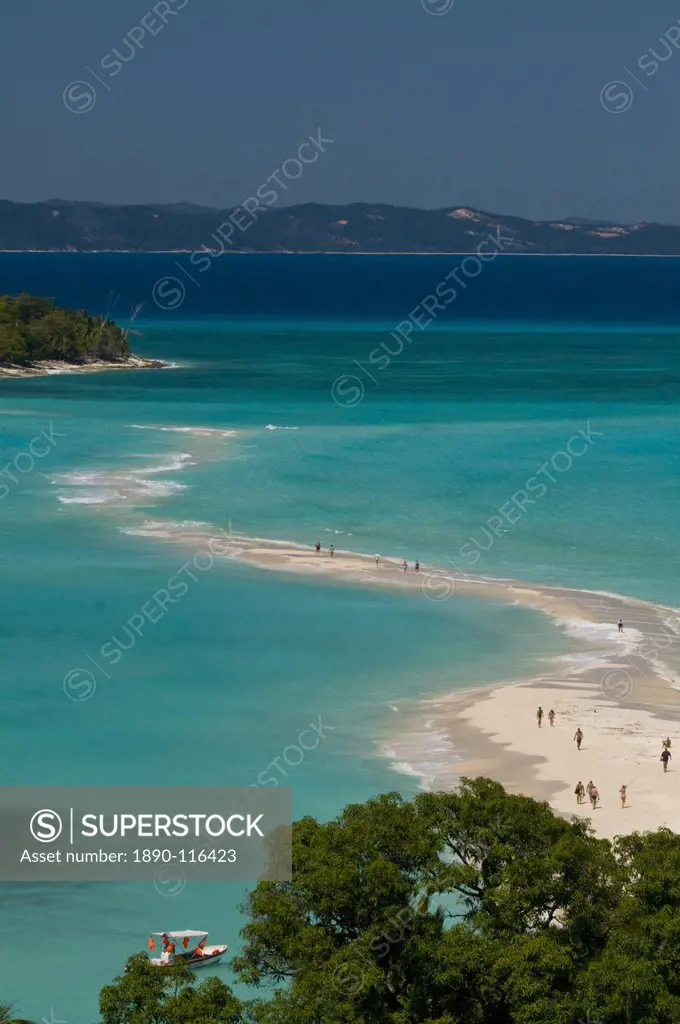 View above a sand bank linking the two little islands of Nosy Iranja near Nosy Be, Madagascar, Indian Ocean, Africa